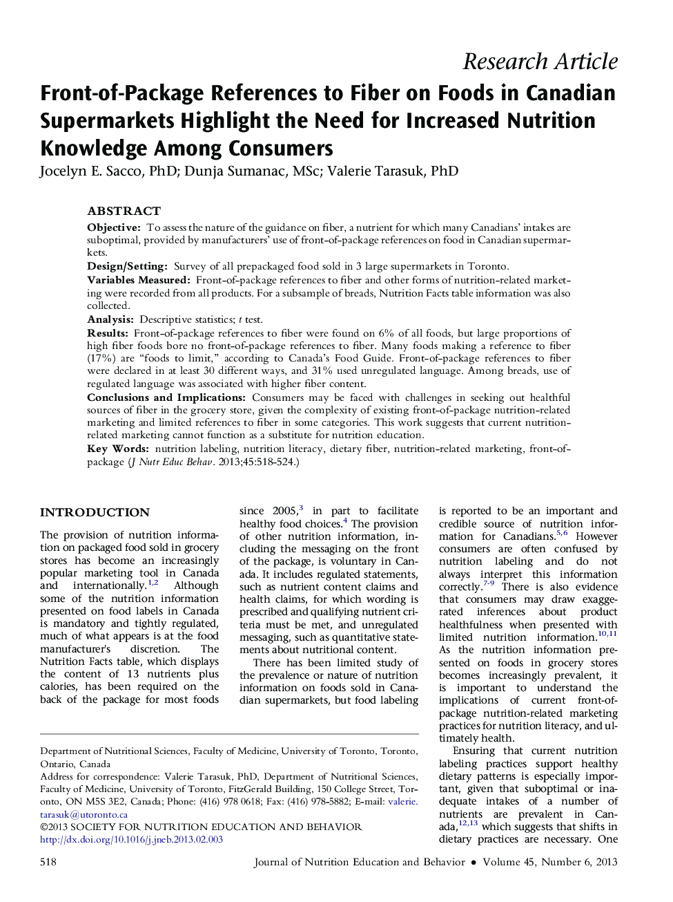 Front-of-Package References to Fiber on Foods in Canadian Supermarkets Highlight the Need for Increased Nutrition Knowledge Among Consumers