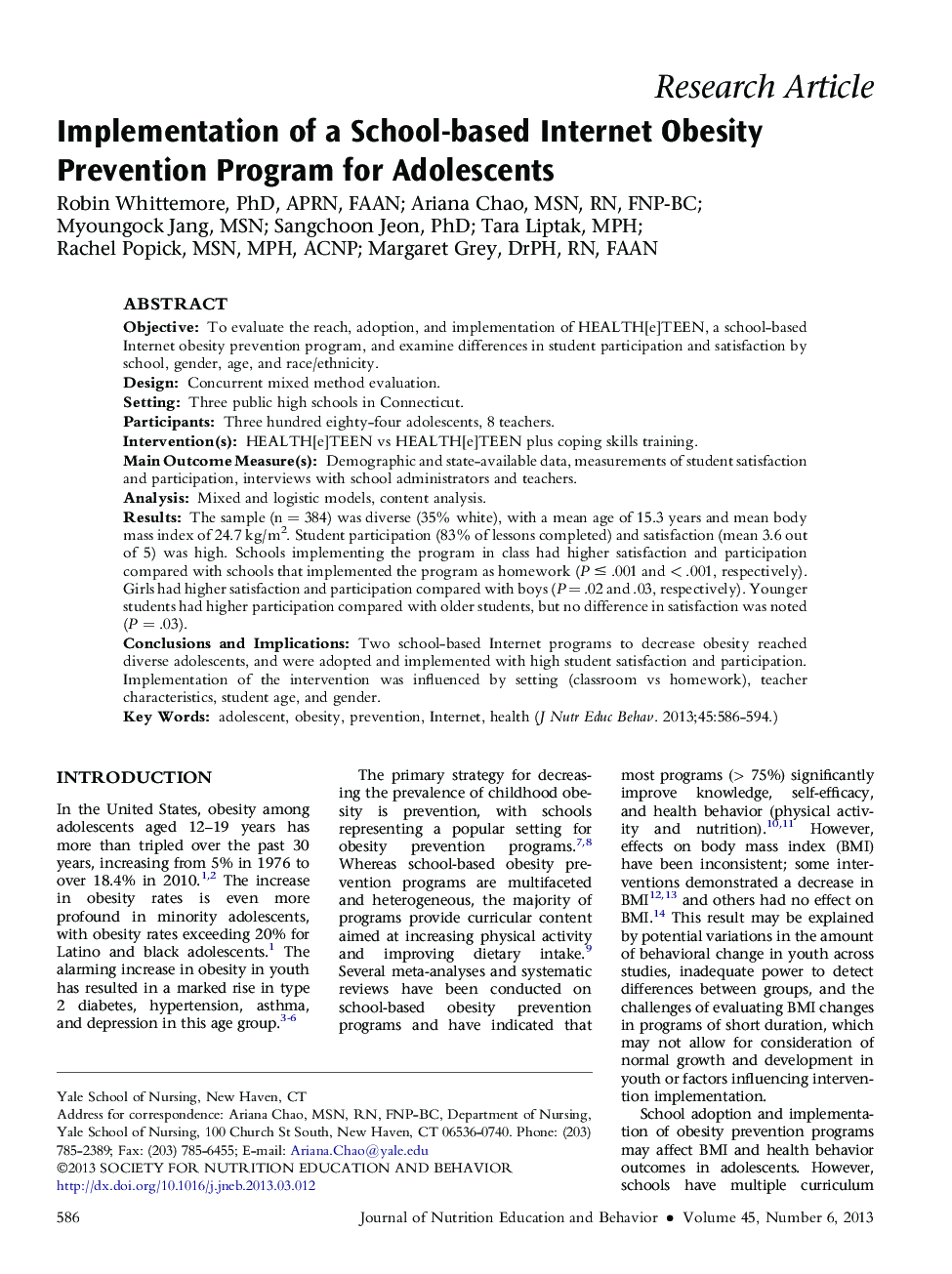 Implementation of a School-based Internet Obesity Prevention Program for Adolescents