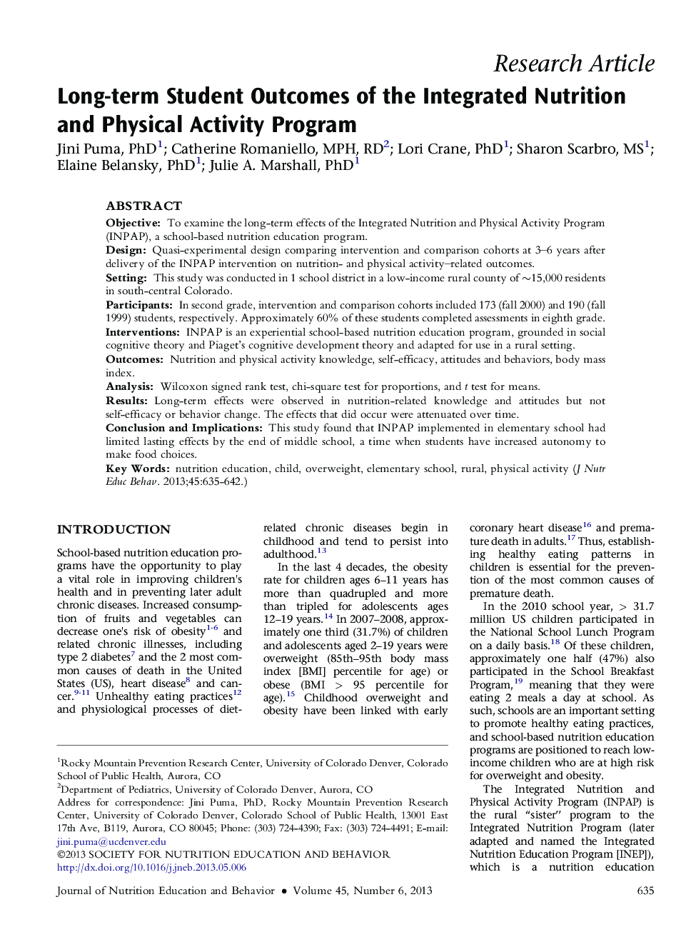 Long-term Student Outcomes of the Integrated Nutrition and Physical Activity Program