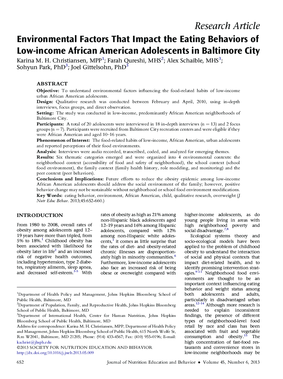 Environmental Factors That Impact the Eating Behaviors of Low-income African American Adolescents in Baltimore City