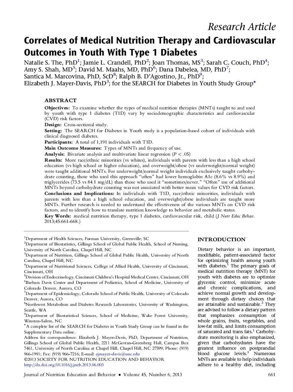 Correlates of Medical Nutrition Therapy and Cardiovascular Outcomes in Youth With Type 1 Diabetes