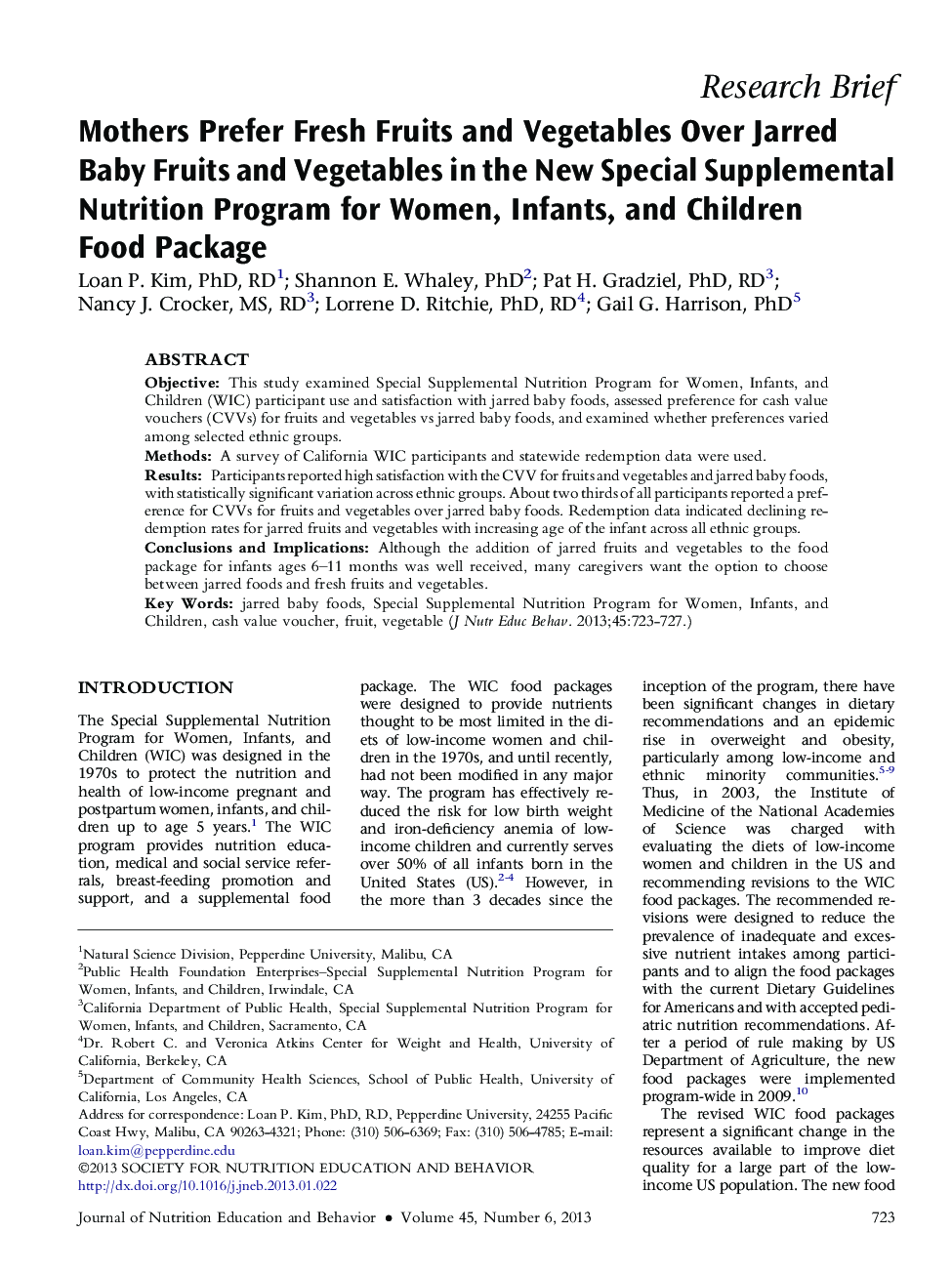 Mothers Prefer Fresh Fruits and Vegetables Over Jarred Baby Fruits and Vegetables in the New Special Supplemental Nutrition Program for Women, Infants, and Children Food Package