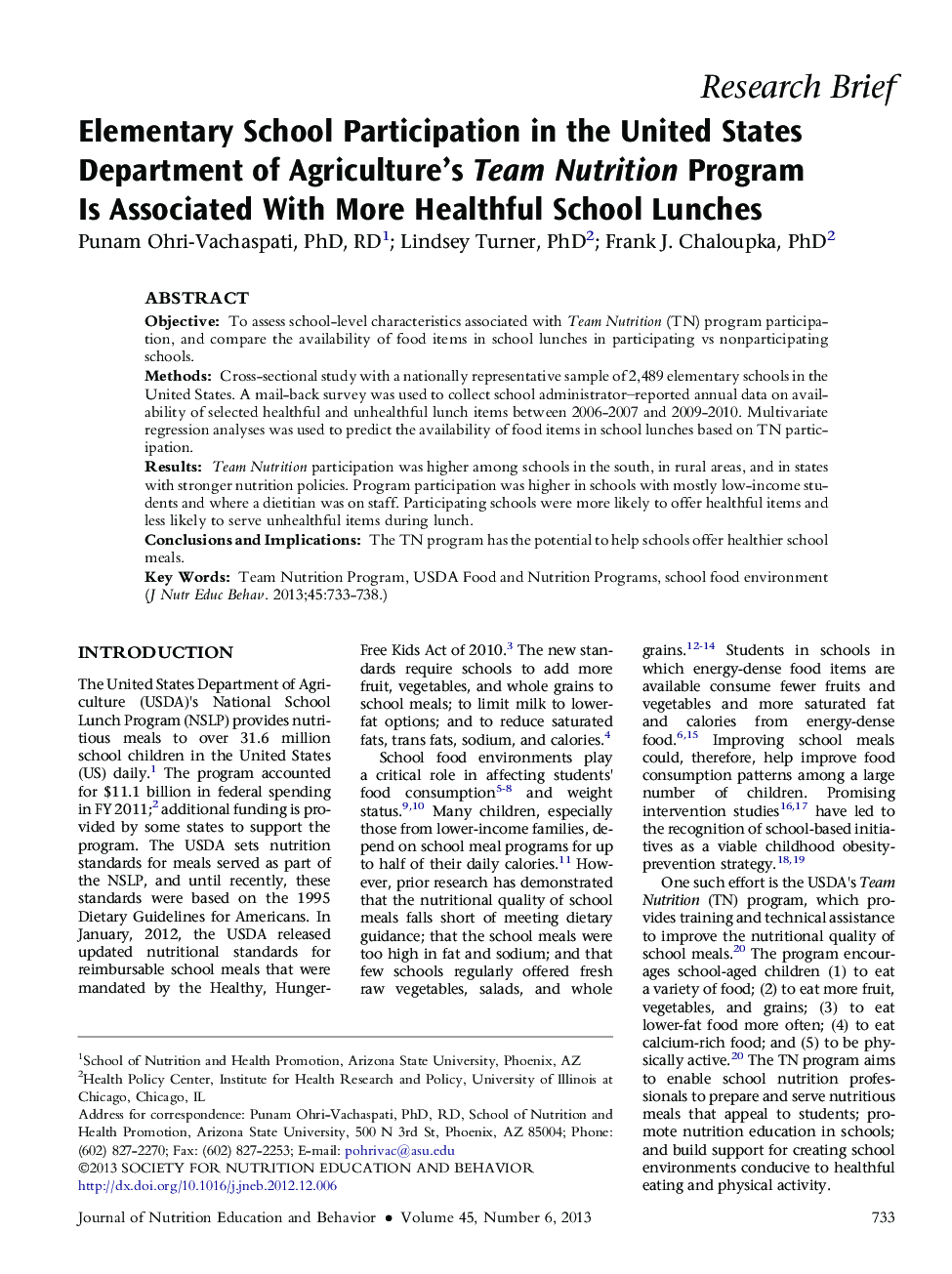 Elementary School Participation in the United States Department of Agriculture's Team Nutrition Program Is Associated With More Healthful School Lunches