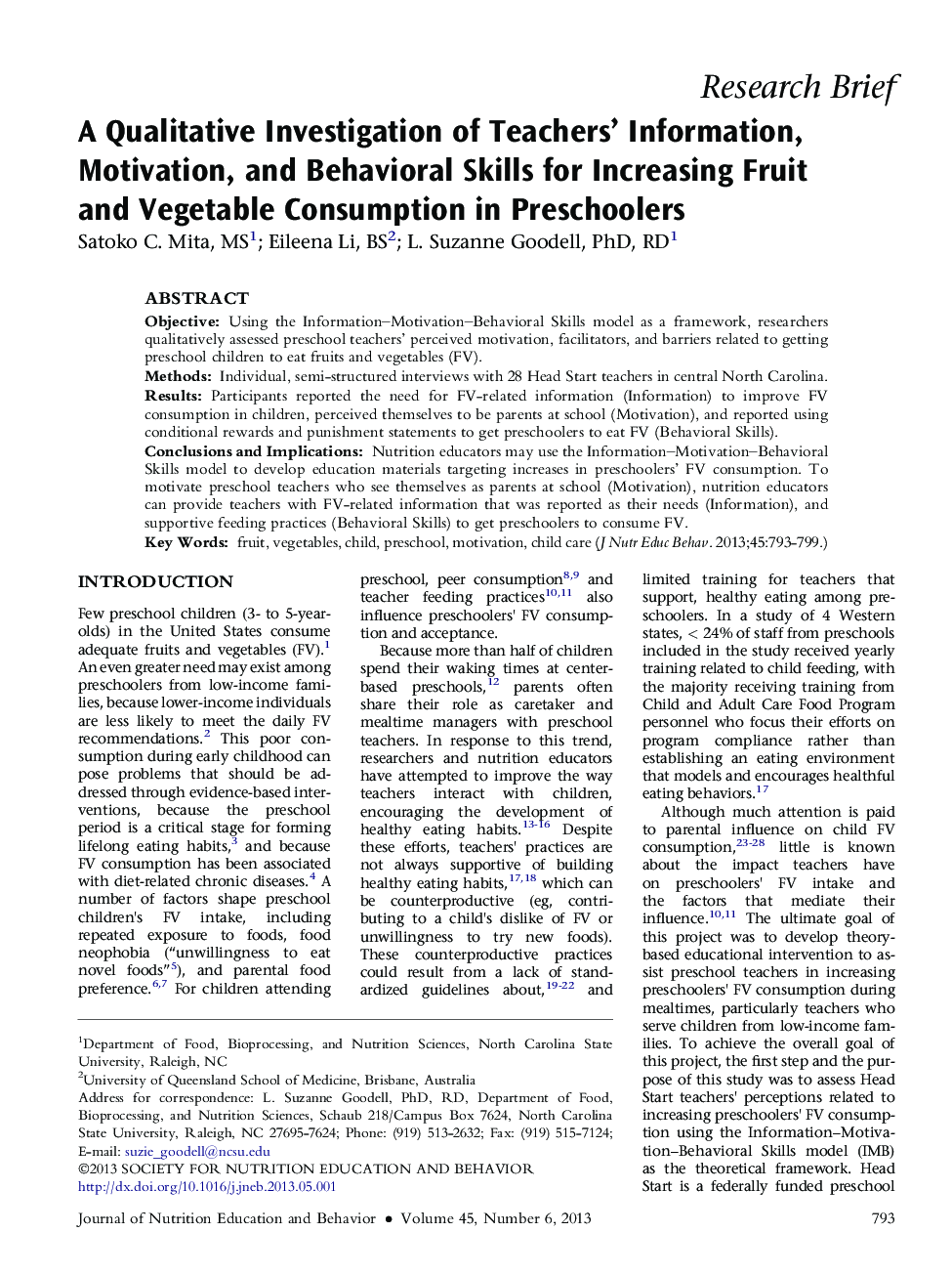 A Qualitative Investigation of Teachers' Information, Motivation, and Behavioral Skills for Increasing Fruit and Vegetable Consumption in Preschoolers