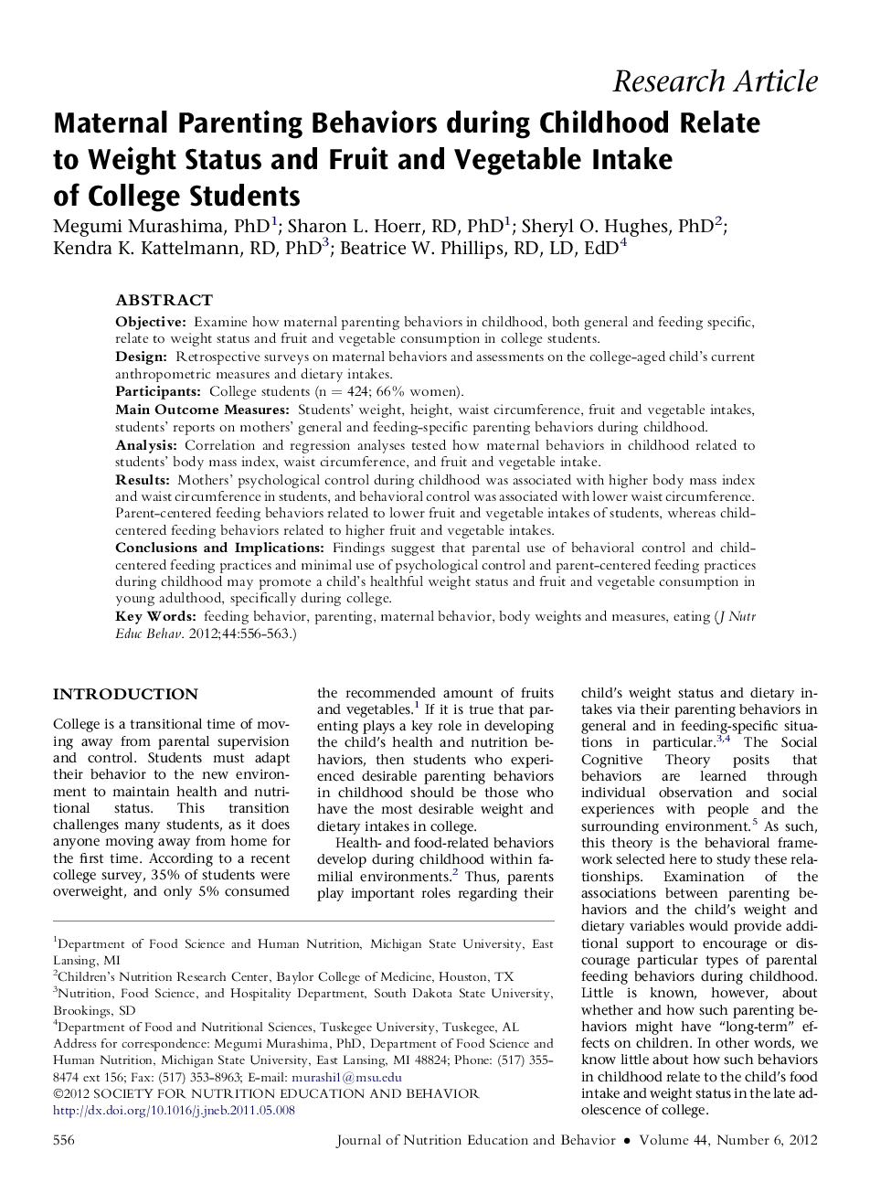 Maternal Parenting Behaviors during Childhood Relate to Weight Status and Fruit and Vegetable Intake of College Students