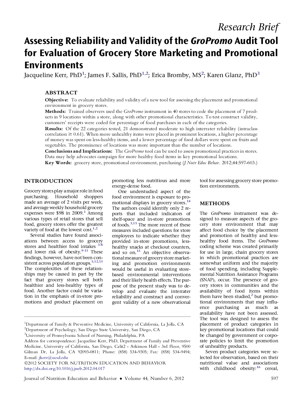 Assessing Reliability and Validity of the GroPromo Audit Tool for Evaluation of Grocery Store Marketing and Promotional Environments