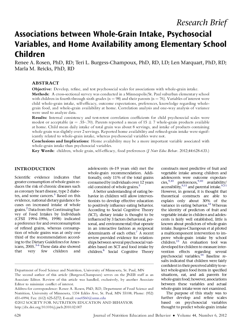 Associations between Whole-Grain Intake, Psychosocial Variables, and Home Availability among Elementary School Children 