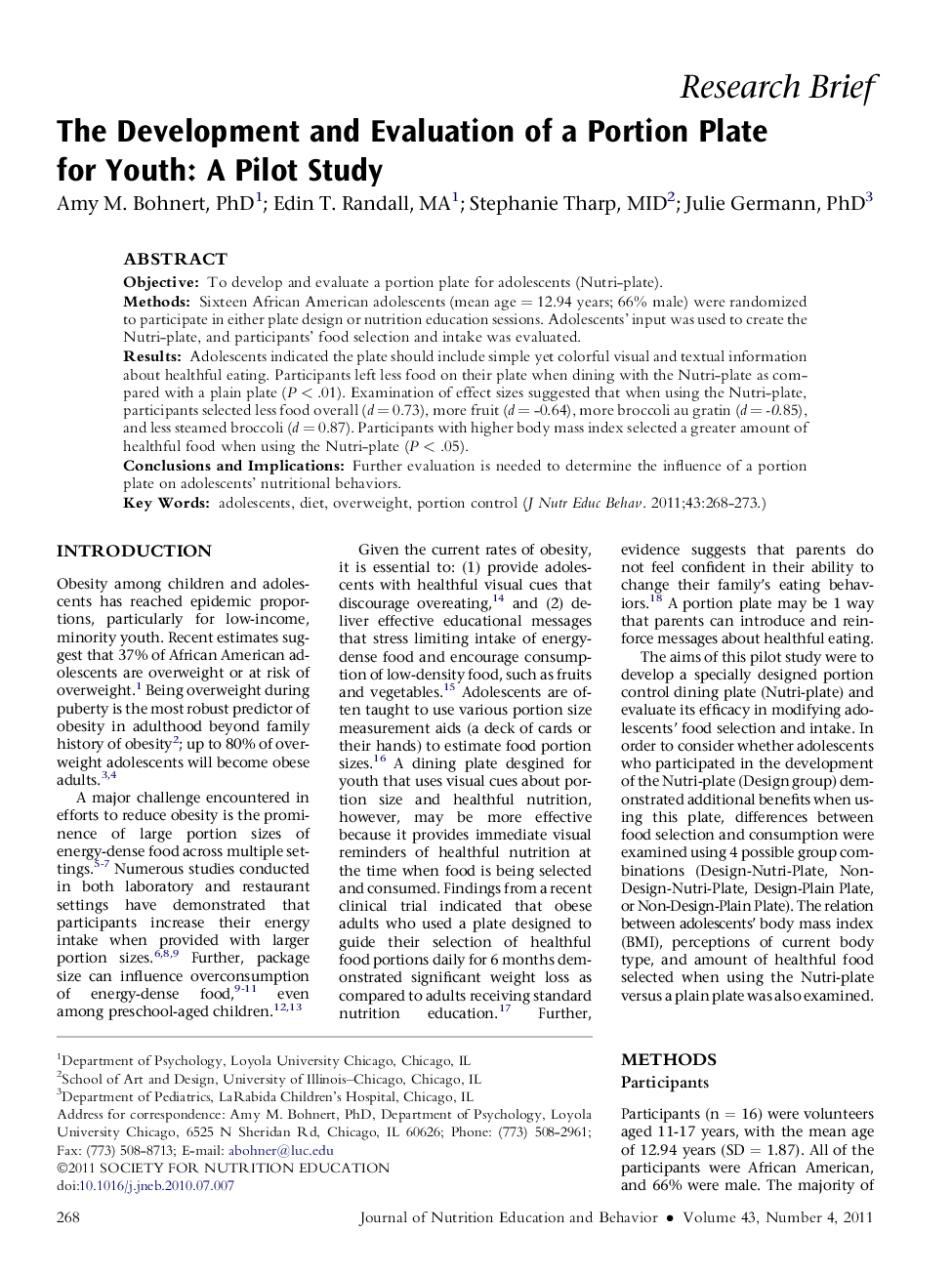 The Development and Evaluation of a Portion Plate for Youth: A Pilot Study