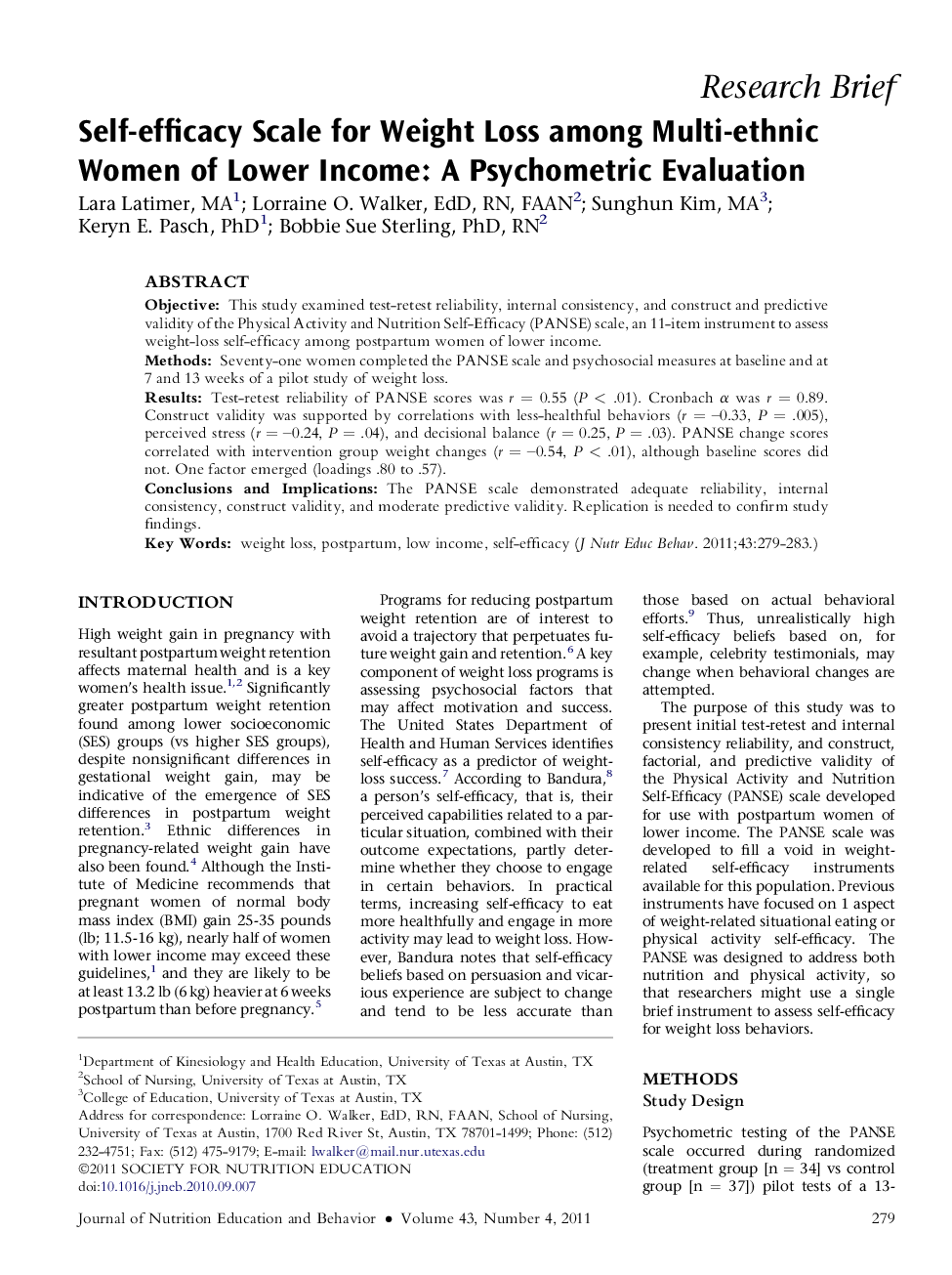 Self-efficacy Scale for Weight Loss among Multi-ethnic Women of Lower Income: A Psychometric Evaluation