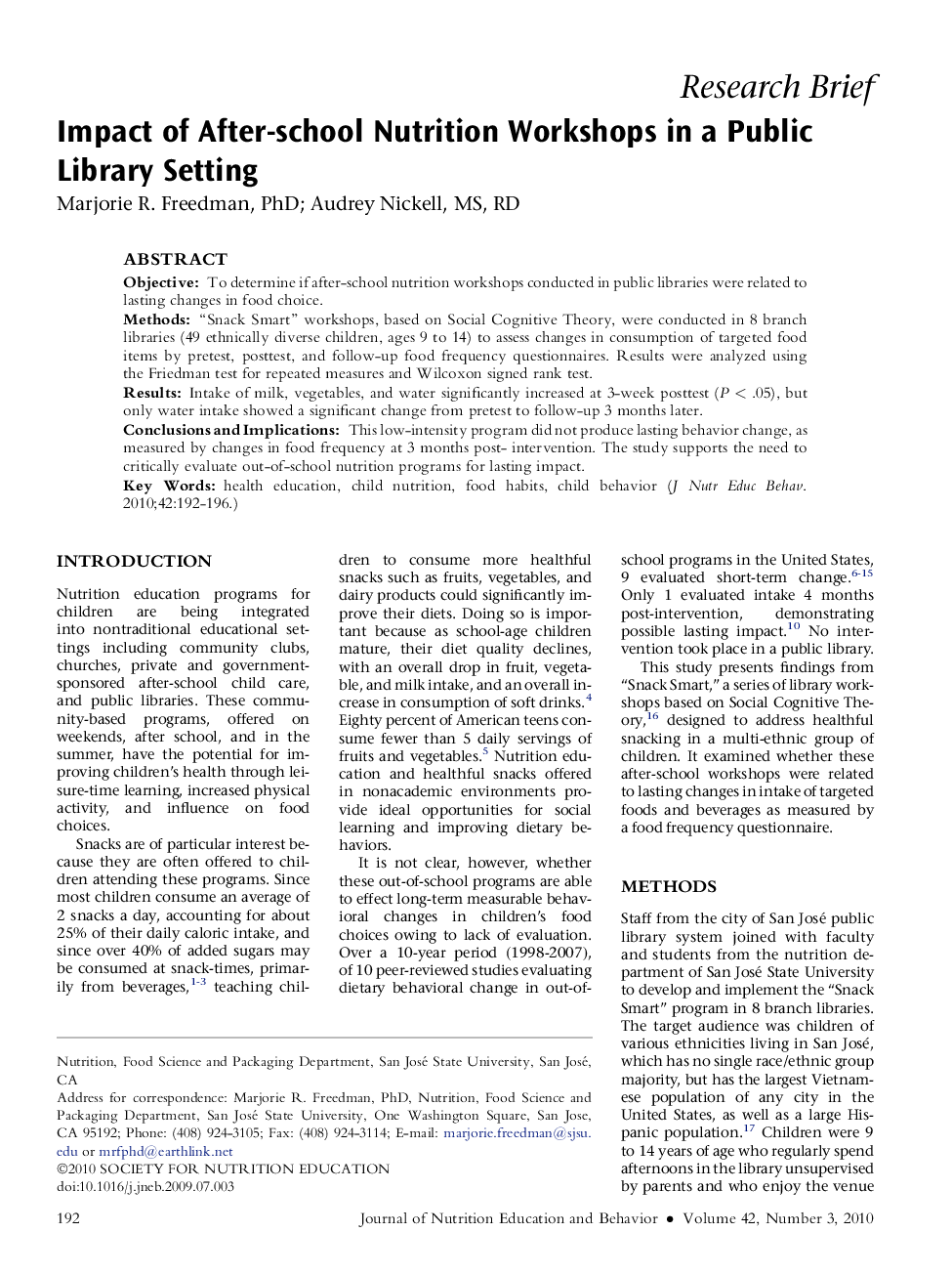 Impact of After-school Nutrition Workshops in a Public Library Setting