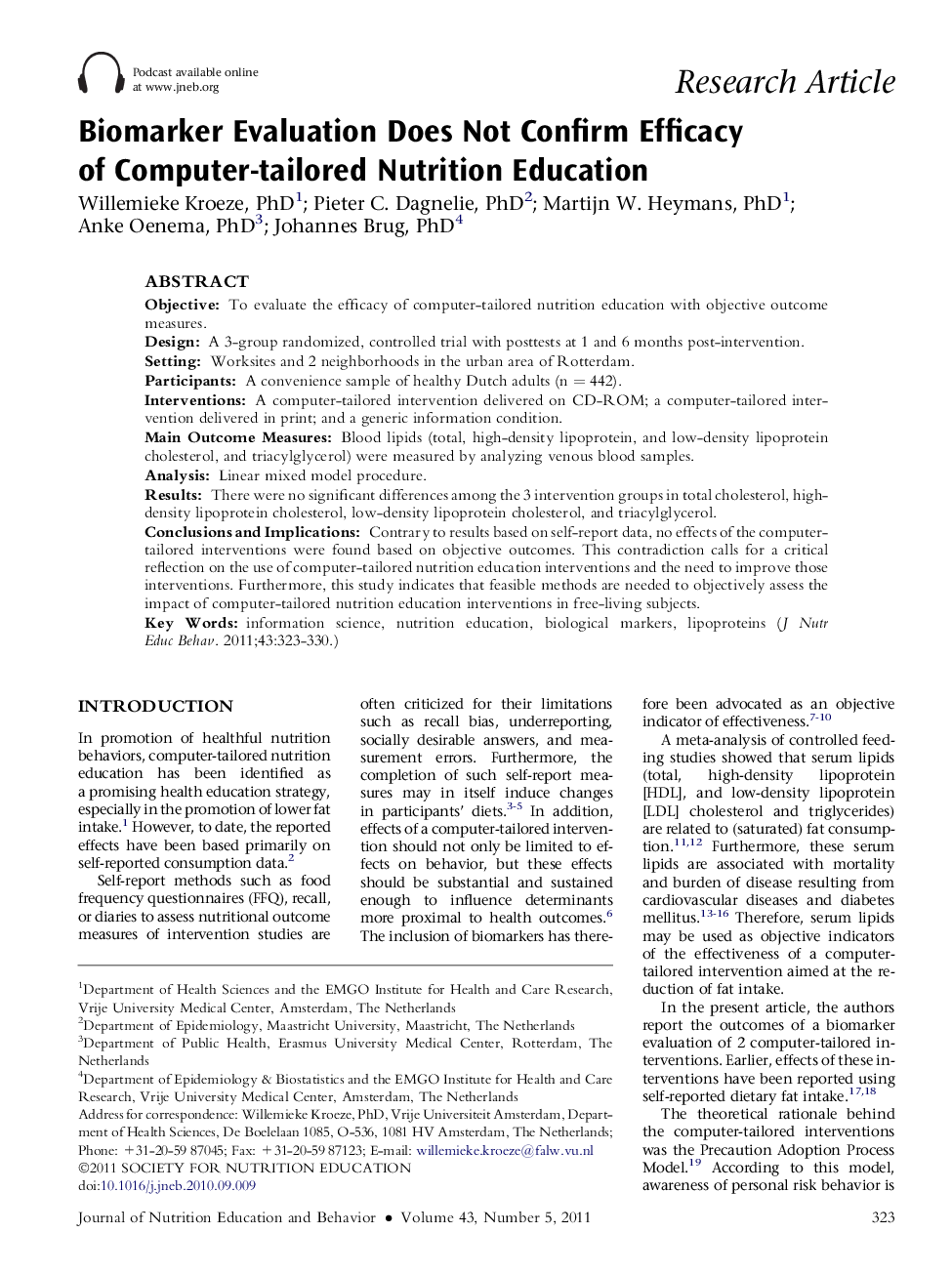 Biomarker Evaluation Does Not Confirm Efficacy of Computer-tailored Nutrition Education