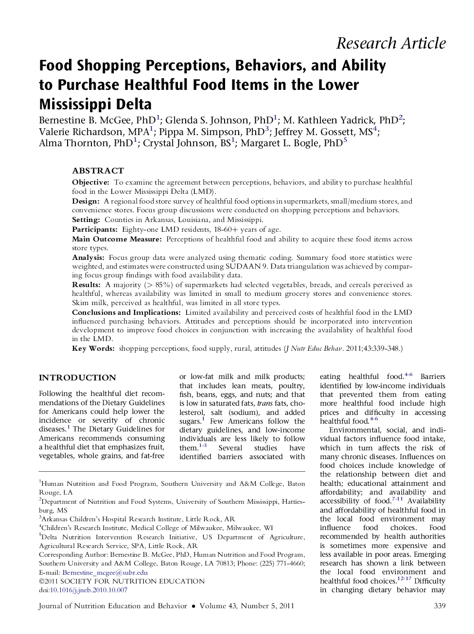 Food Shopping Perceptions, Behaviors, and Ability to Purchase Healthful Food Items in the Lower Mississippi Delta