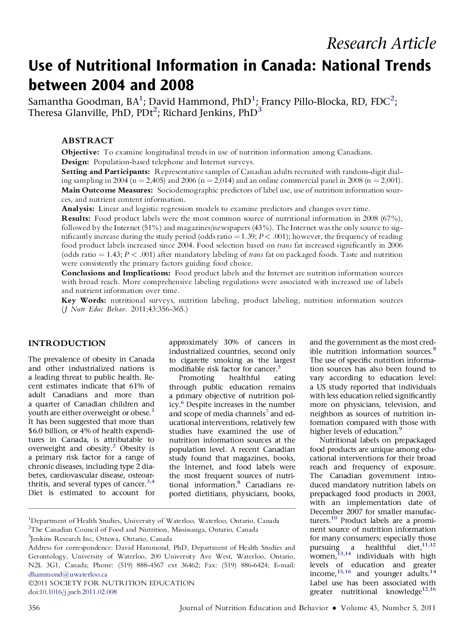 Use of Nutritional Information in Canada: National Trends between 2004 and 2008