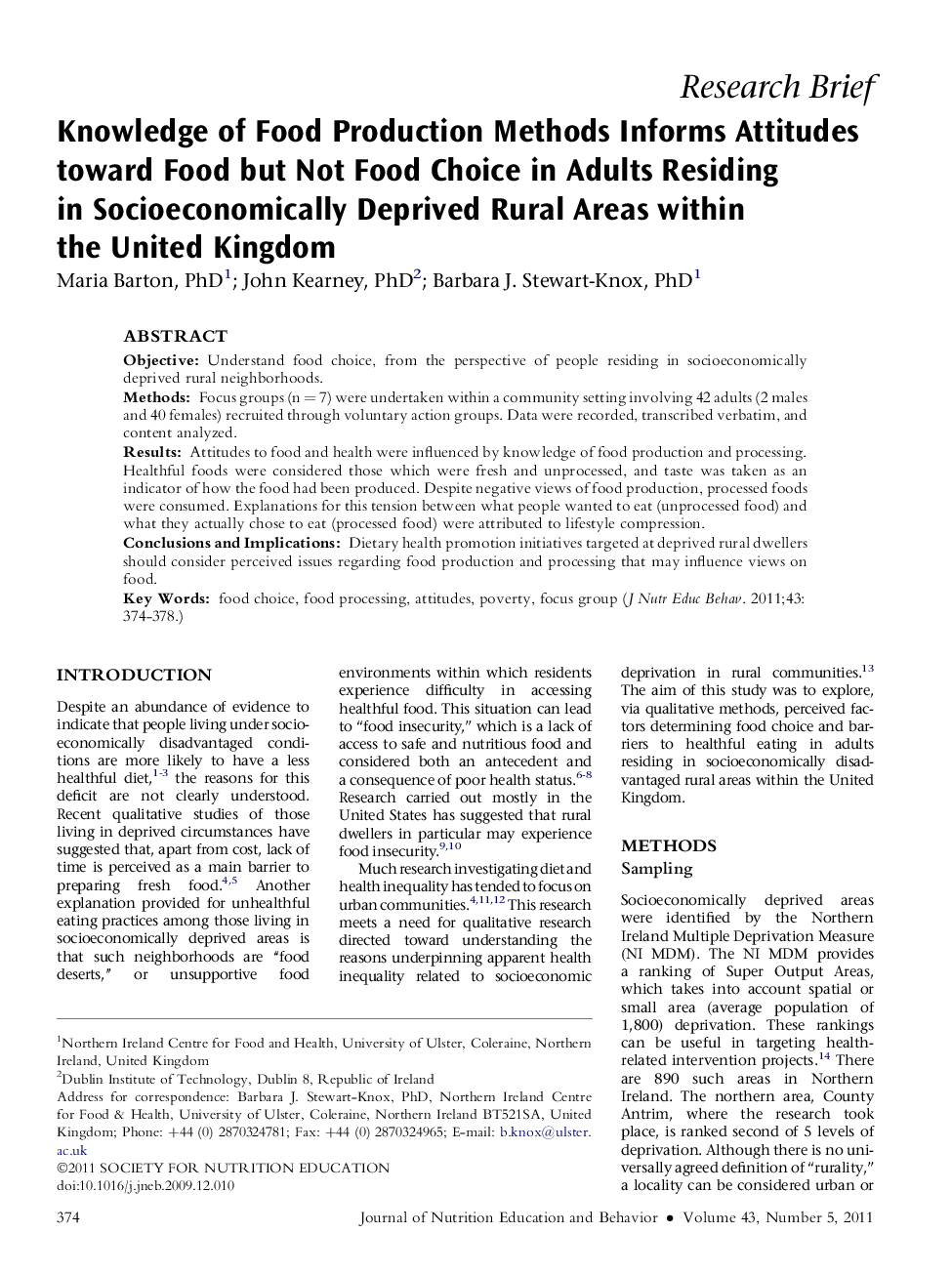 Knowledge of Food Production Methods Informs Attitudes toward Food but Not Food Choice in Adults Residing in Socioeconomically Deprived Rural Areas within the United Kingdom