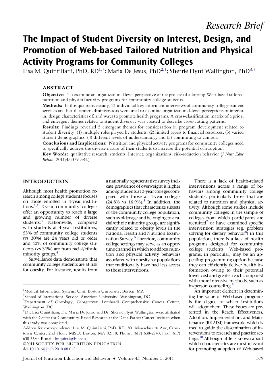 The Impact of Student Diversity on Interest, Design, and Promotion of Web-based Tailored Nutrition and Physical Activity Programs for Community Colleges