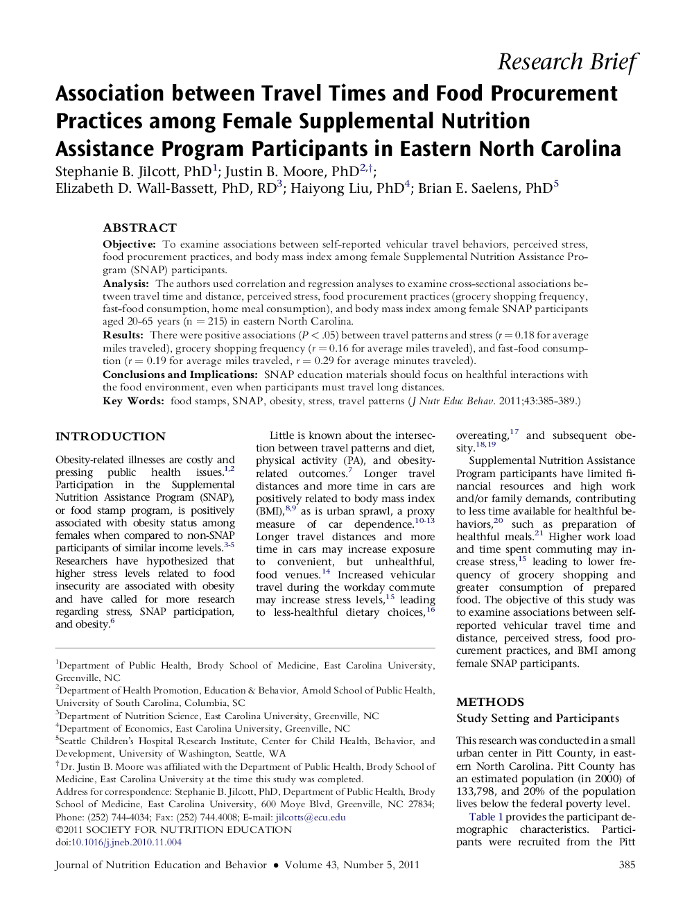 Association between Travel Times and Food Procurement Practices among Female Supplemental Nutrition Assistance Program Participants in Eastern North Carolina