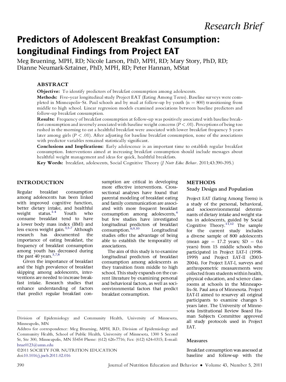 Predictors of Adolescent Breakfast Consumption: Longitudinal Findings from Project EAT