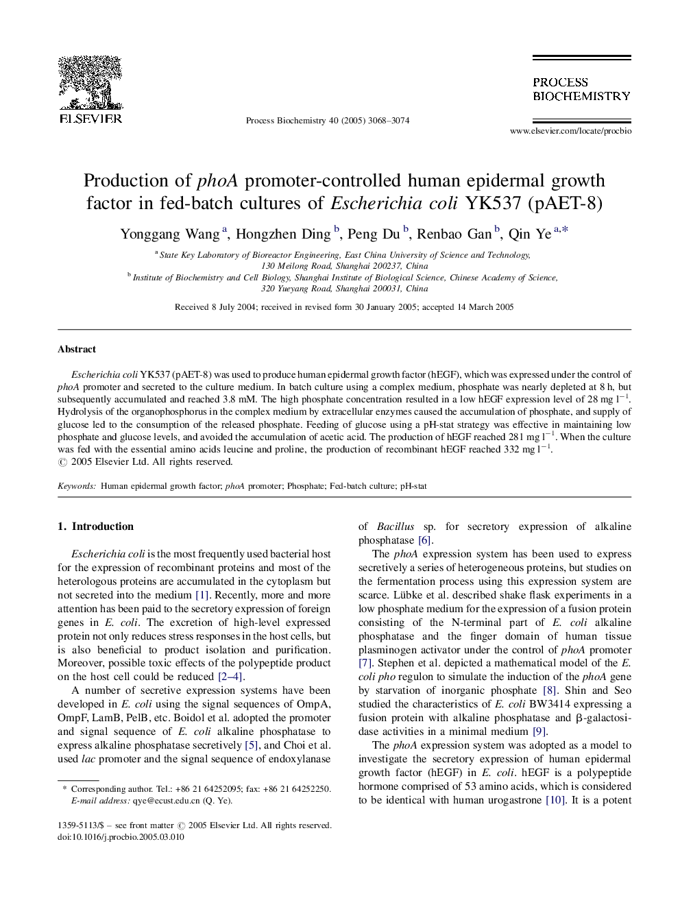 Production of phoA promoter-controlled human epidermal growth factor in fed-batch cultures of Escherichia coli YK537 (pAET-8)