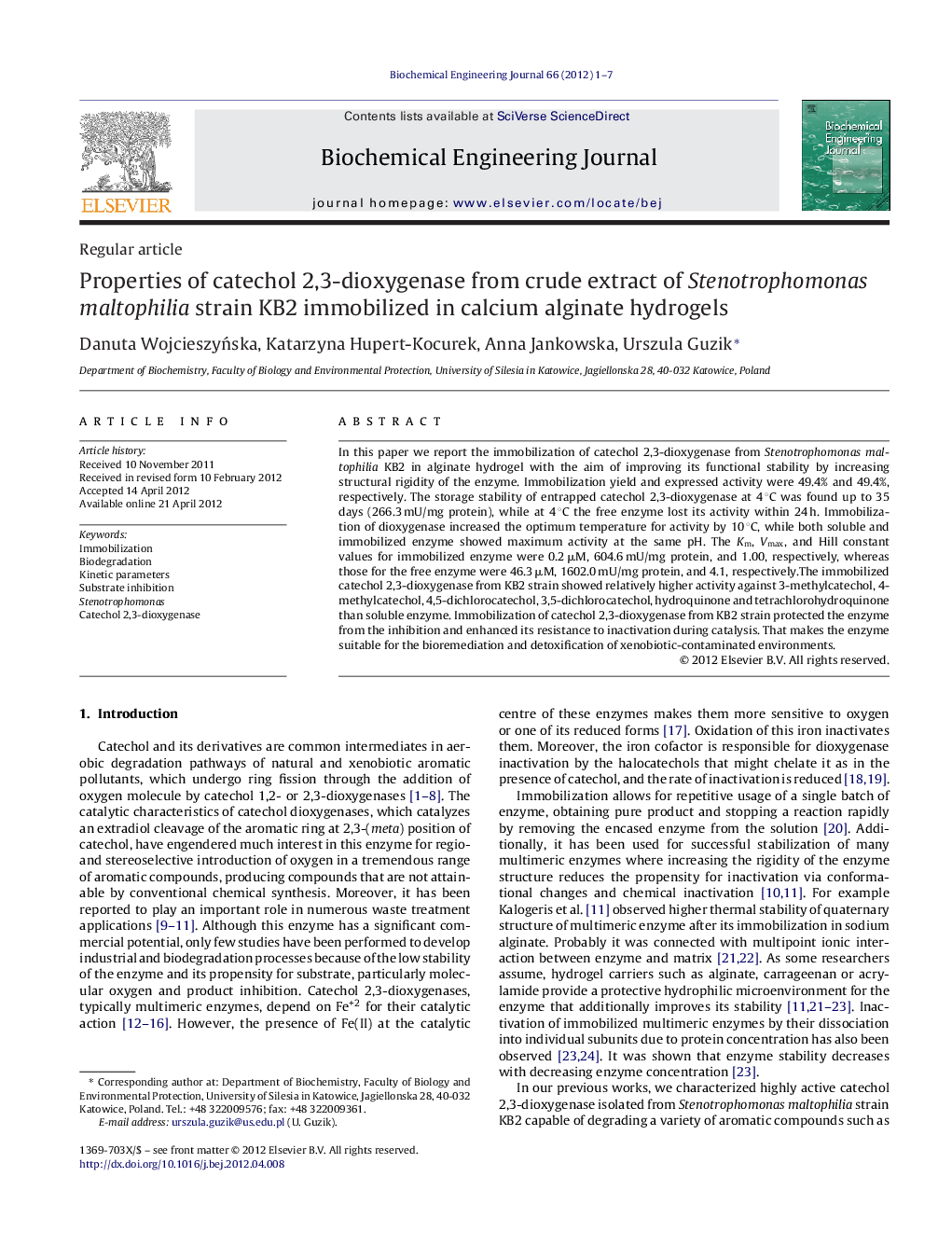 Properties of catechol 2,3-dioxygenase from crude extract of Stenotrophomonas maltophilia strain KB2 immobilized in calcium alginate hydrogels