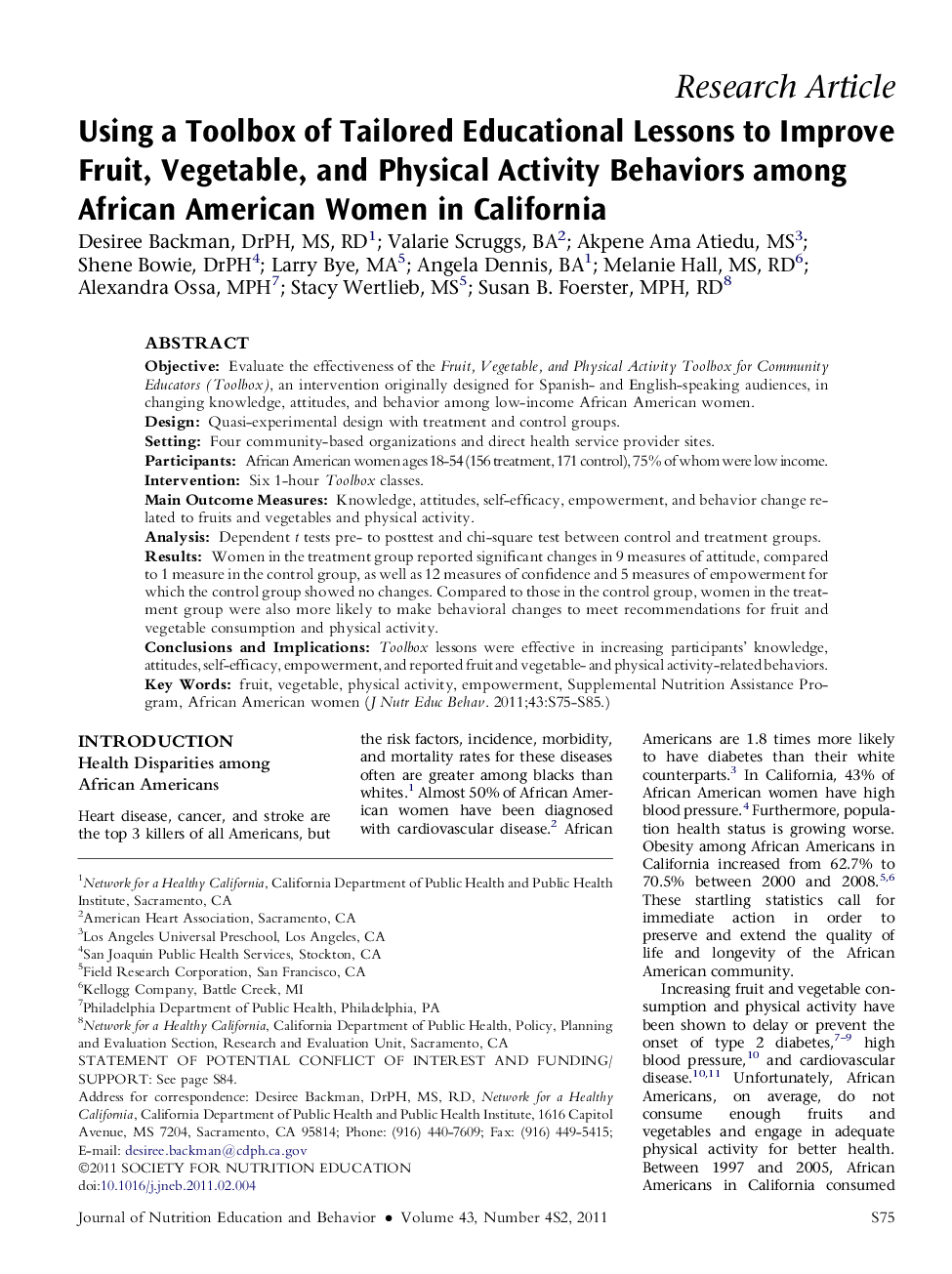 Using a Toolbox of Tailored Educational Lessons to Improve Fruit, Vegetable, and Physical Activity Behaviors among African American Women in California 