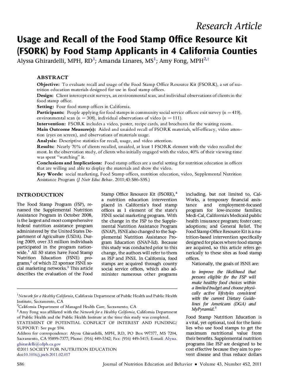 Usage and Recall of the Food Stamp Office Resource Kit (FSORK) by Food Stamp Applicants in 4 California Counties 