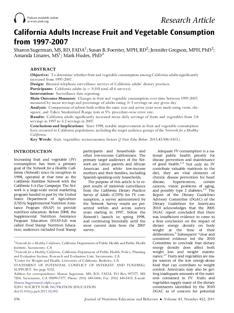 California Adults Increase Fruit and Vegetable Consumption from 1997-2007 