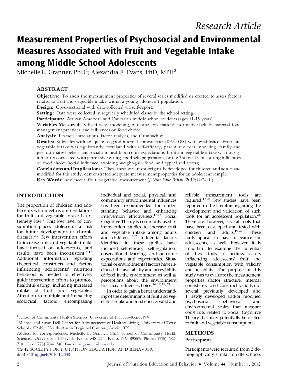 Measurement Properties of Psychosocial and Environmental Measures Associated with Fruit and Vegetable Intake among Middle School Adolescents