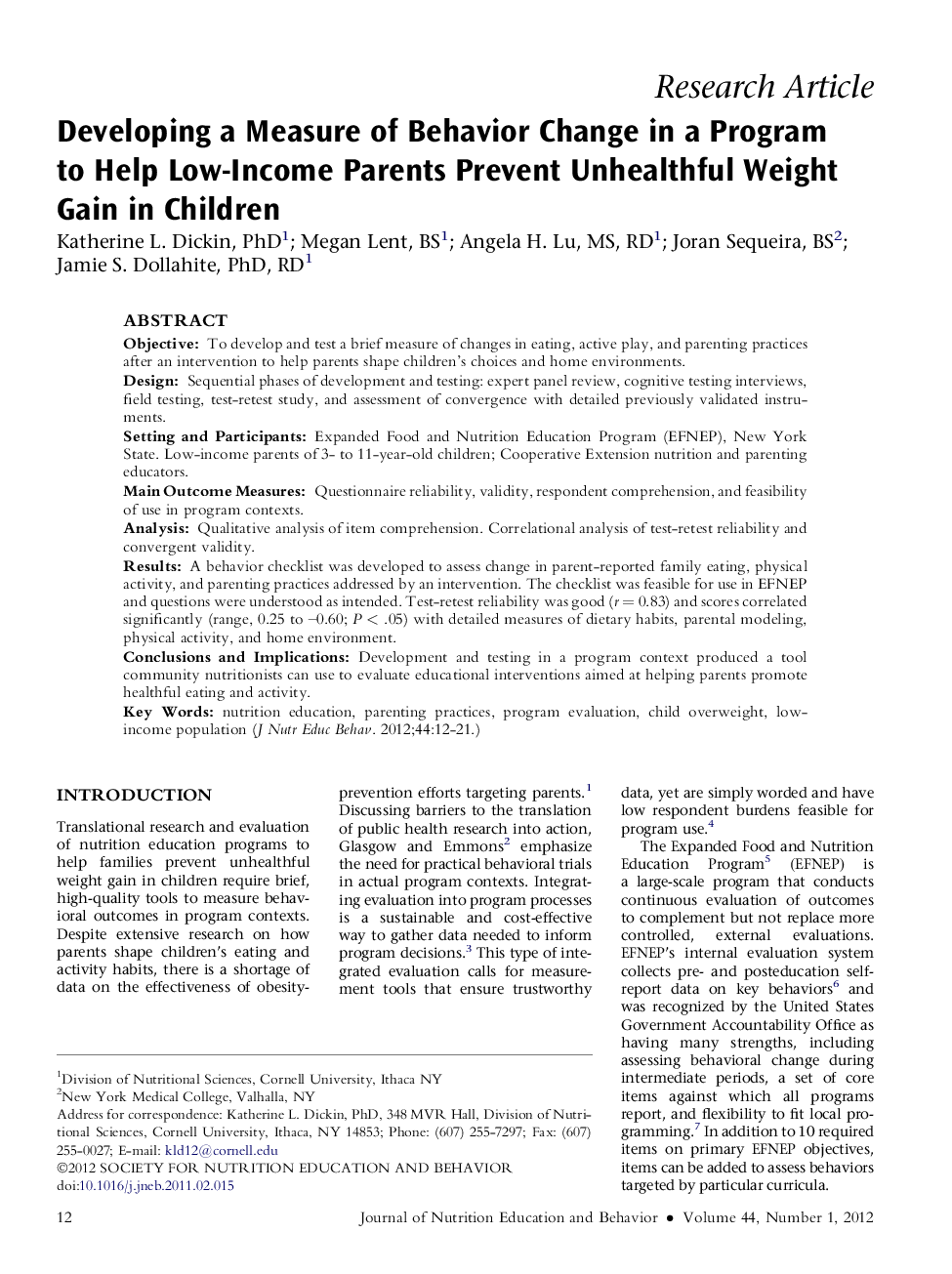 Developing a Measure of Behavior Change in a Program to Help Low-Income Parents Prevent Unhealthful Weight Gain in Children