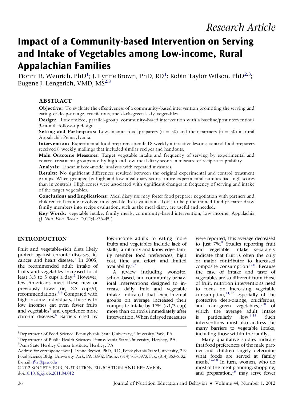 Impact of a Community-based Intervention on Serving and Intake of Vegetables among Low-income, Rural Appalachian Families