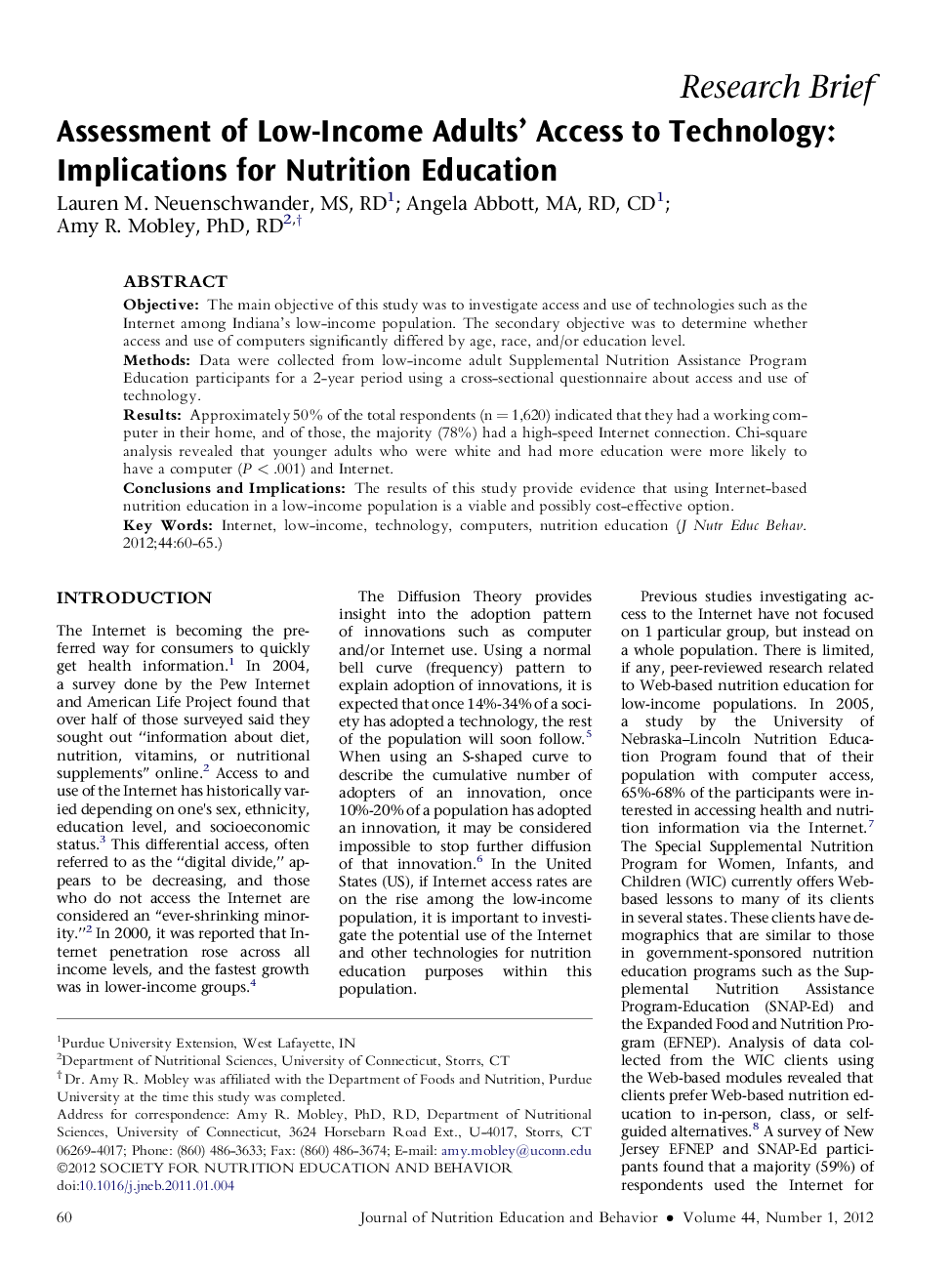 Assessment of Low-Income Adults' Access to Technology: Implications for Nutrition Education