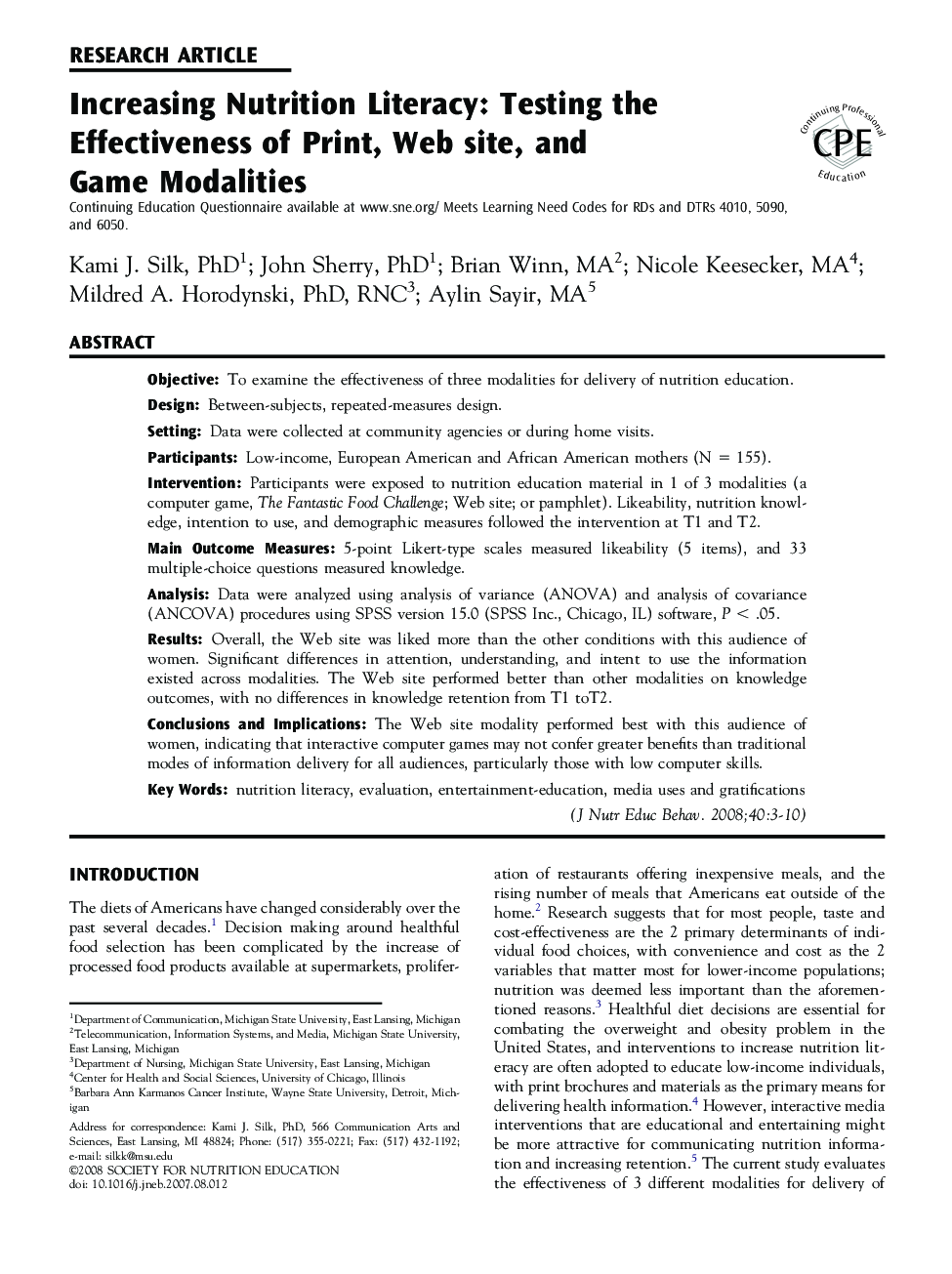 Increasing Nutrition Literacy: Testing the Effectiveness of Print, Web site, and Game Modalities