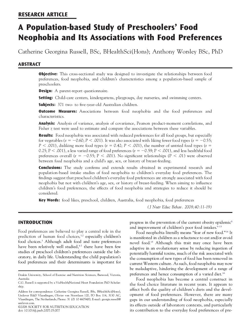 A Population-based Study of Preschoolers’ Food Neophobia and Its Associations with Food Preferences