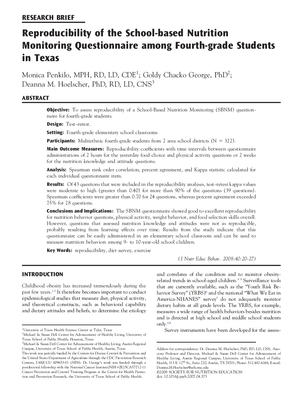 Reproducibility of the School-based Nutrition Monitoring Questionnaire among Fourth-grade Students in Texas 