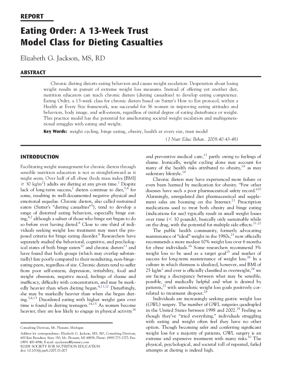 Eating Order: A 13-Week Trust Model Class for Dieting Casualties