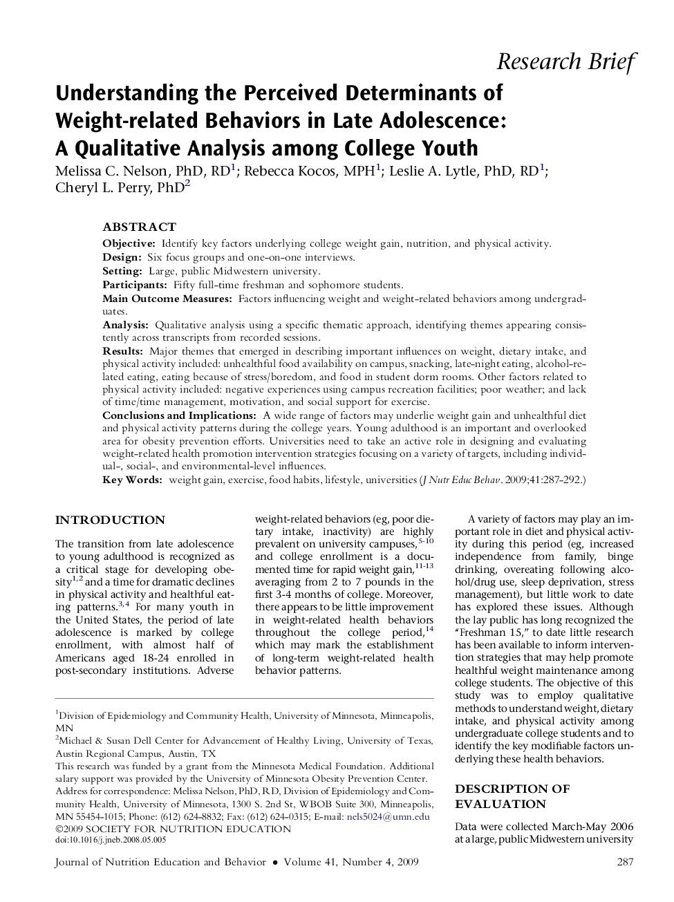 Understanding the Perceived Determinants of Weight-related Behaviors in Late Adolescence: A Qualitative Analysis among College Youth 