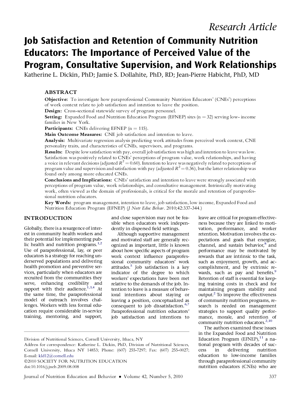 Job Satisfaction and Retention of Community Nutrition Educators: The Importance of Perceived Value of the Program, Consultative Supervision, and Work Relationships