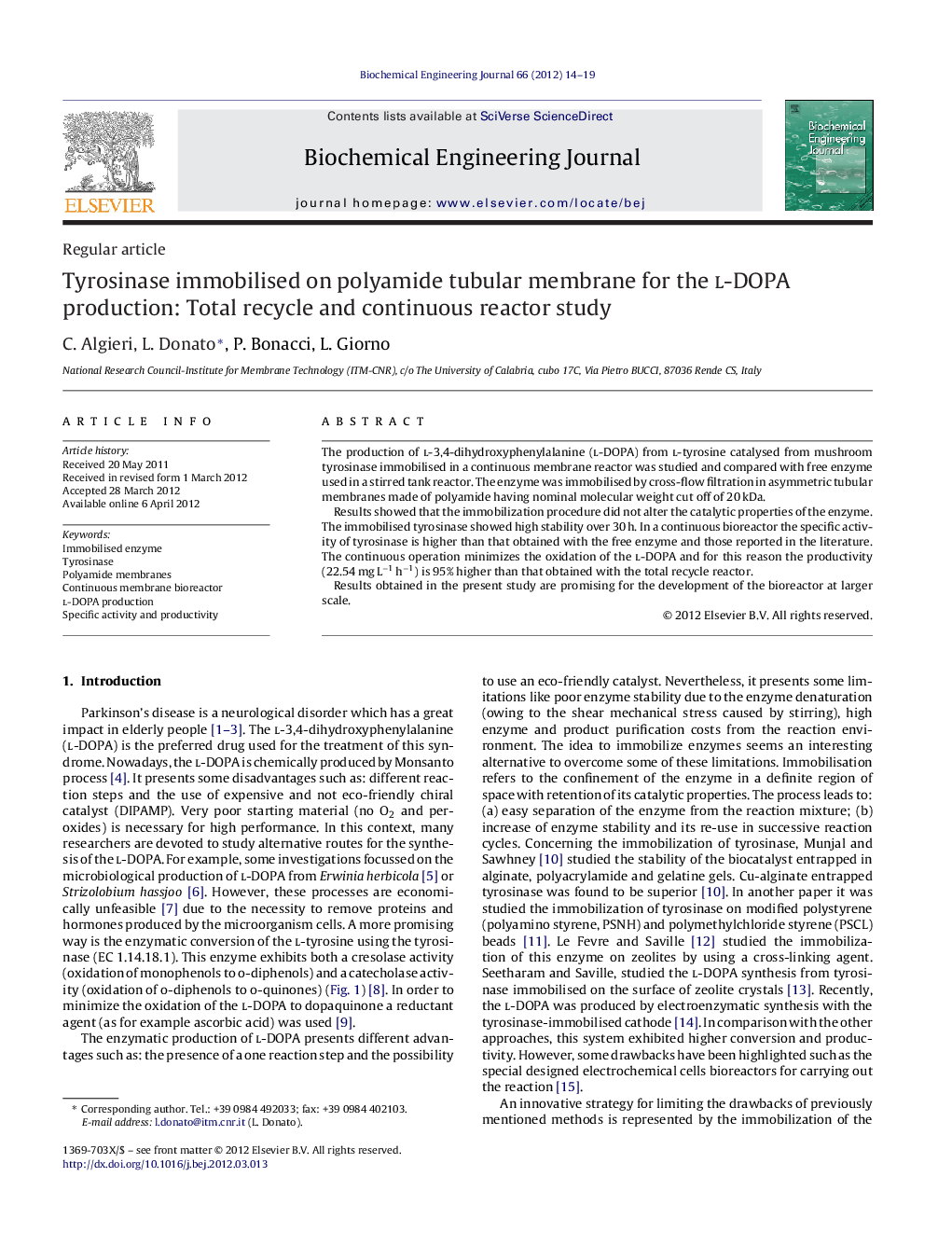 Tyrosinase immobilised on polyamide tubular membrane for the l-DOPA production: Total recycle and continuous reactor study