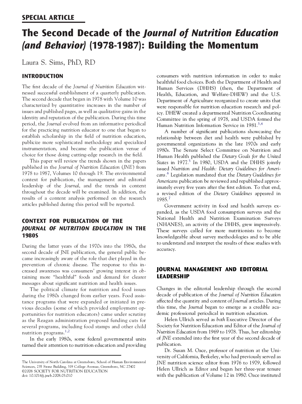 The Second Decade of the Journal of Nutrition Education (and Behavior) (1978-1987): Building the Momentum