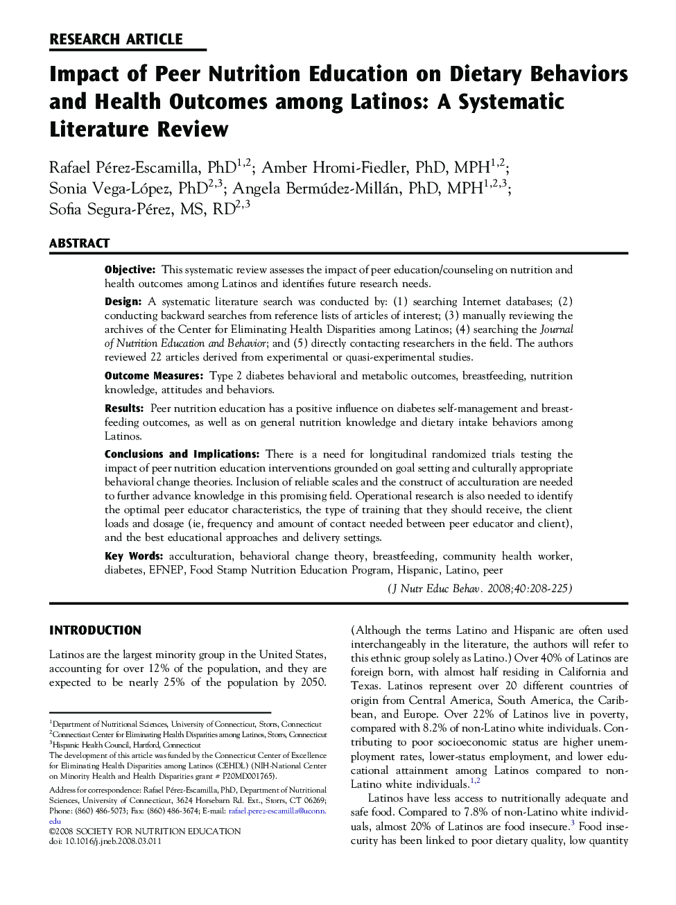 Impact of Peer Nutrition Education on Dietary Behaviors and Health Outcomes among Latinos: A Systematic Literature Review 