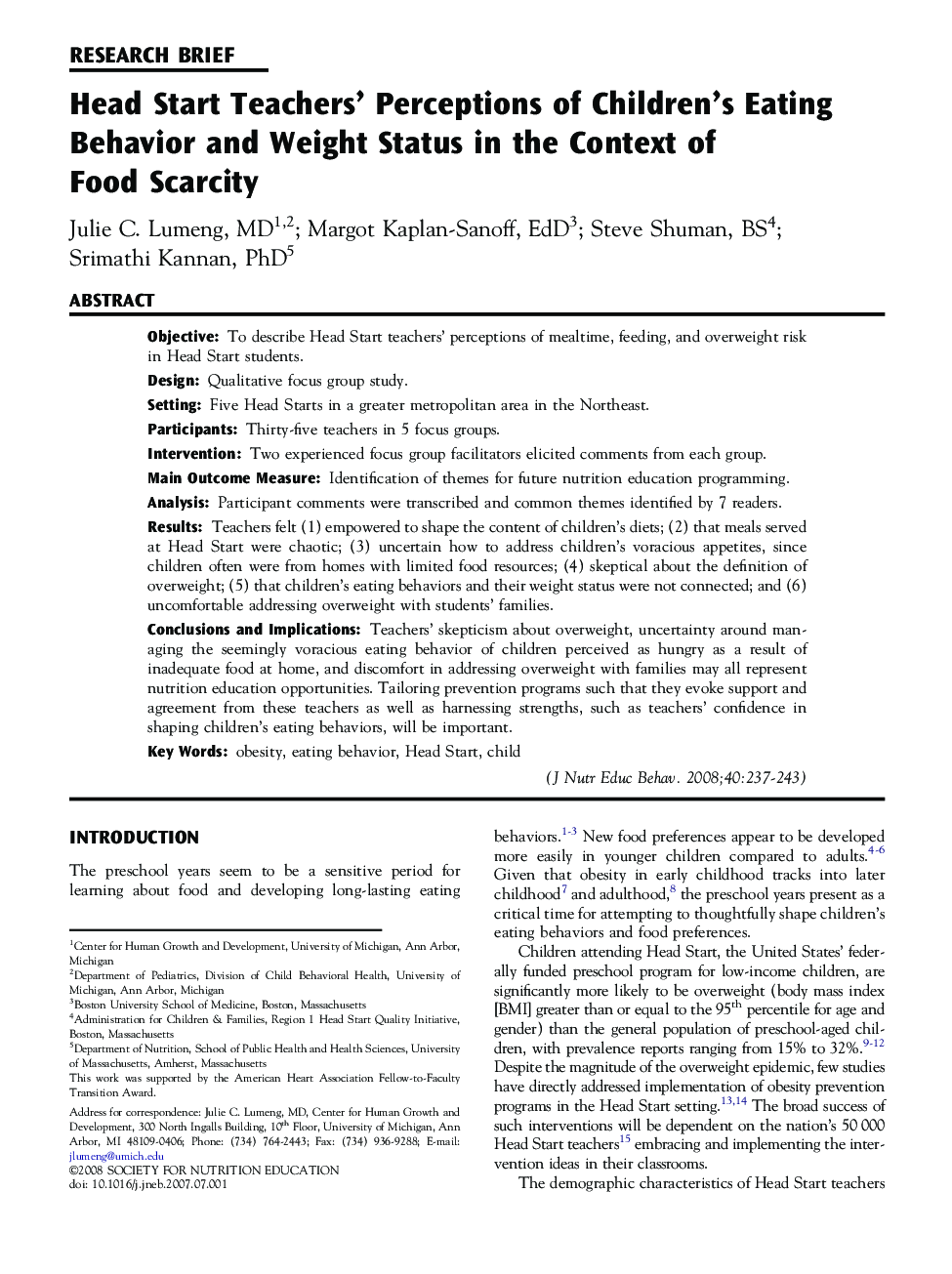 Head Start Teachers' Perceptions of Children's Eating Behavior and Weight Status in the Context of Food Scarcity 