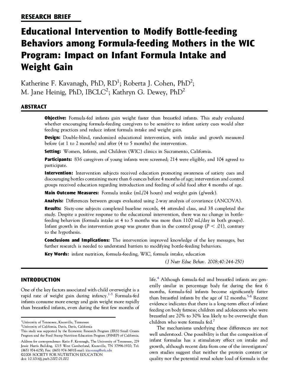 Educational Intervention to Modify Bottle-feeding Behaviors among Formula-feeding Mothers in the WIC Program: Impact on Infant Formula Intake and Weight Gain 