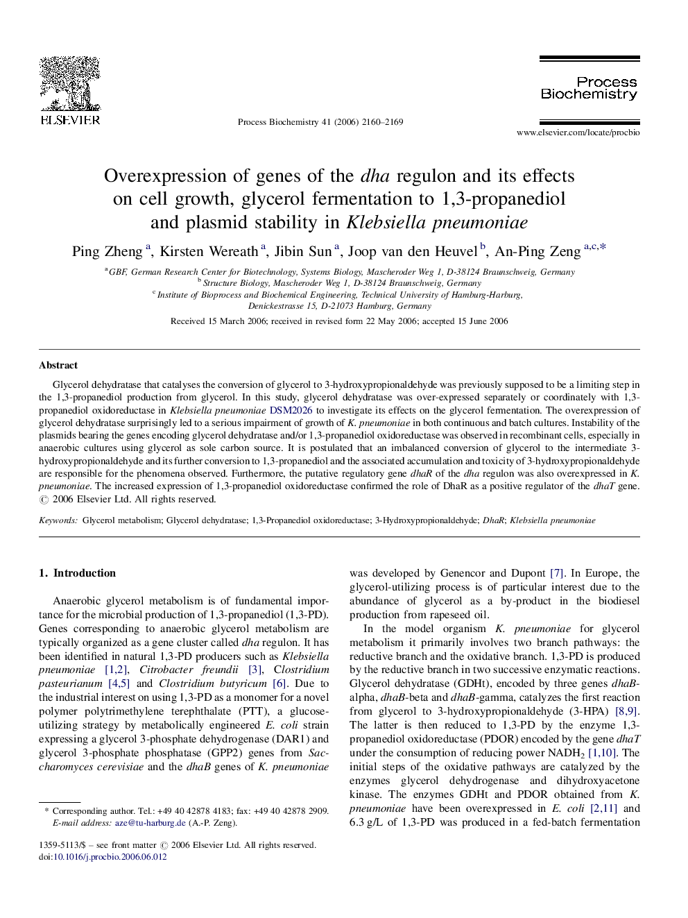 Overexpression of genes of the dha regulon and its effects on cell growth, glycerol fermentation to 1,3-propanediol and plasmid stability in Klebsiella pneumoniae