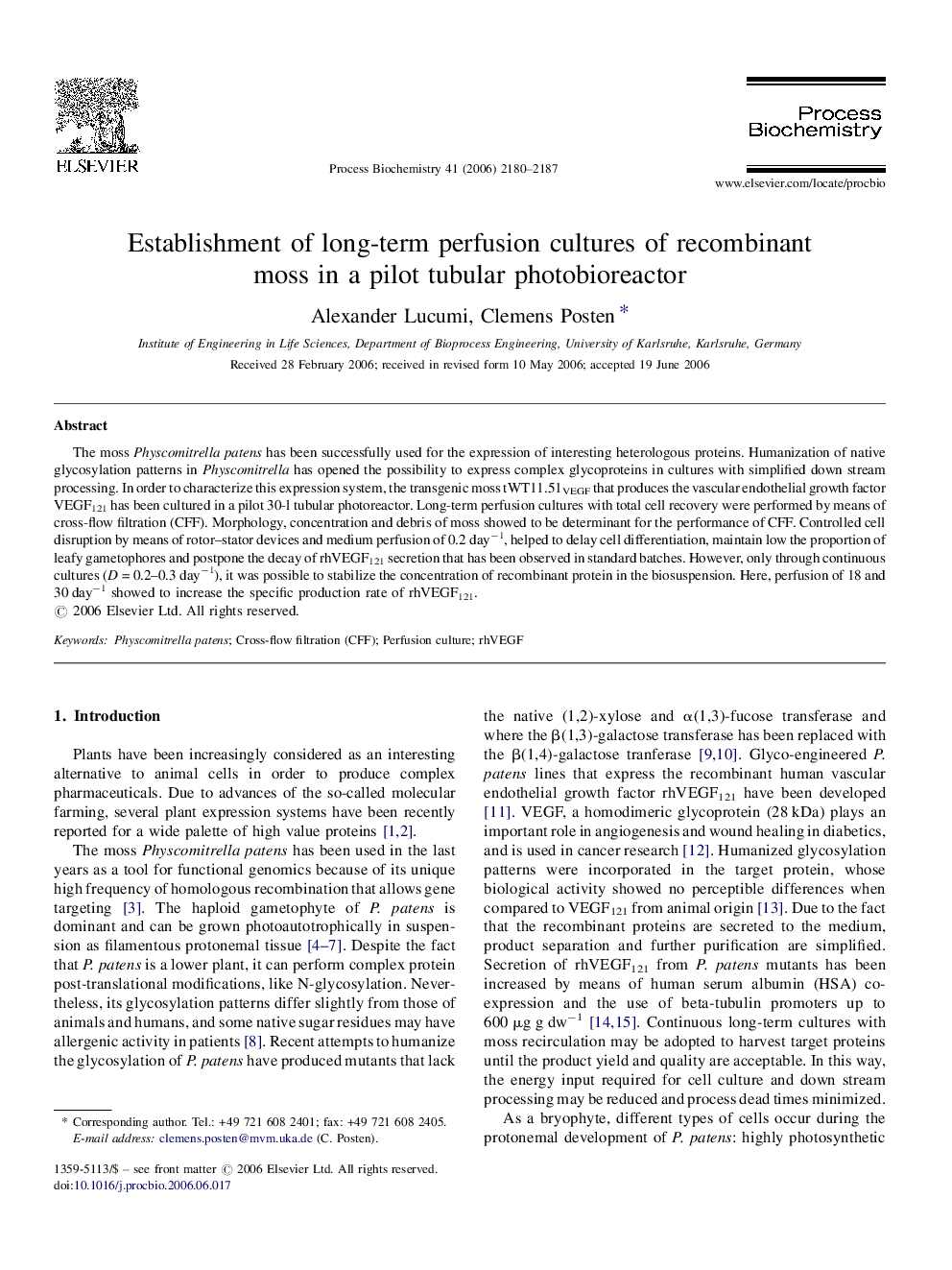 Establishment of long-term perfusion cultures of recombinant moss in a pilot tubular photobioreactor