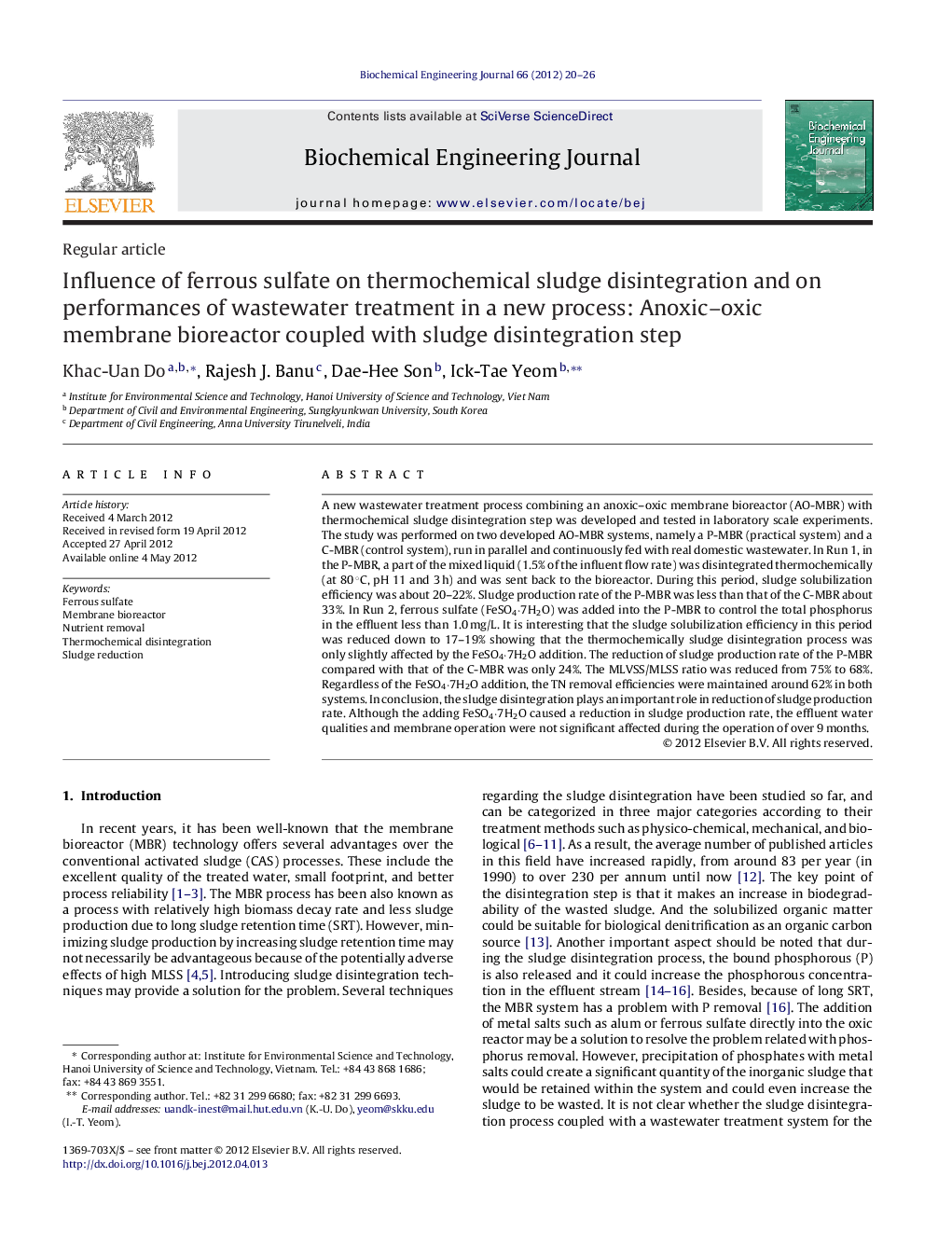 Influence of ferrous sulfate on thermochemical sludge disintegration and on performances of wastewater treatment in a new process: Anoxic–oxic membrane bioreactor coupled with sludge disintegration step