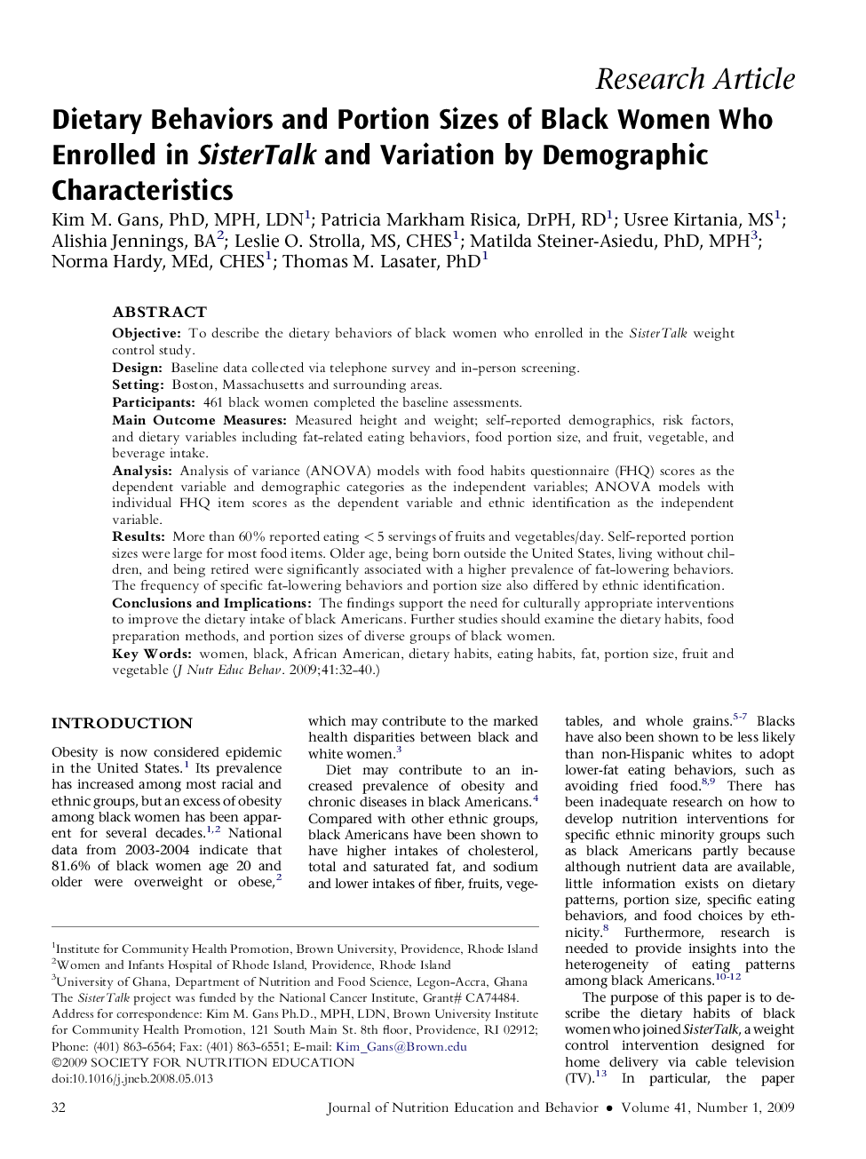 Dietary Behaviors and Portion Sizes of Black Women Who Enrolled in SisterTalk and Variation by Demographic Characteristics 