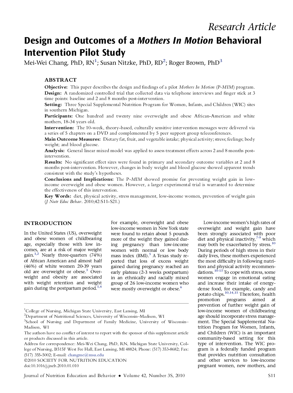 Design and Outcomes of a Mothers In Motion Behavioral Intervention Pilot Study 