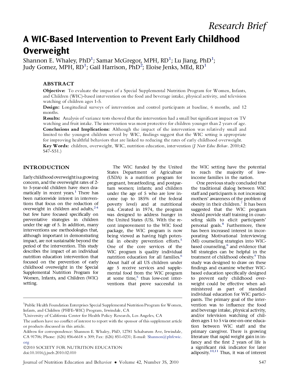 A WIC-Based Intervention to Prevent Early Childhood Overweight 