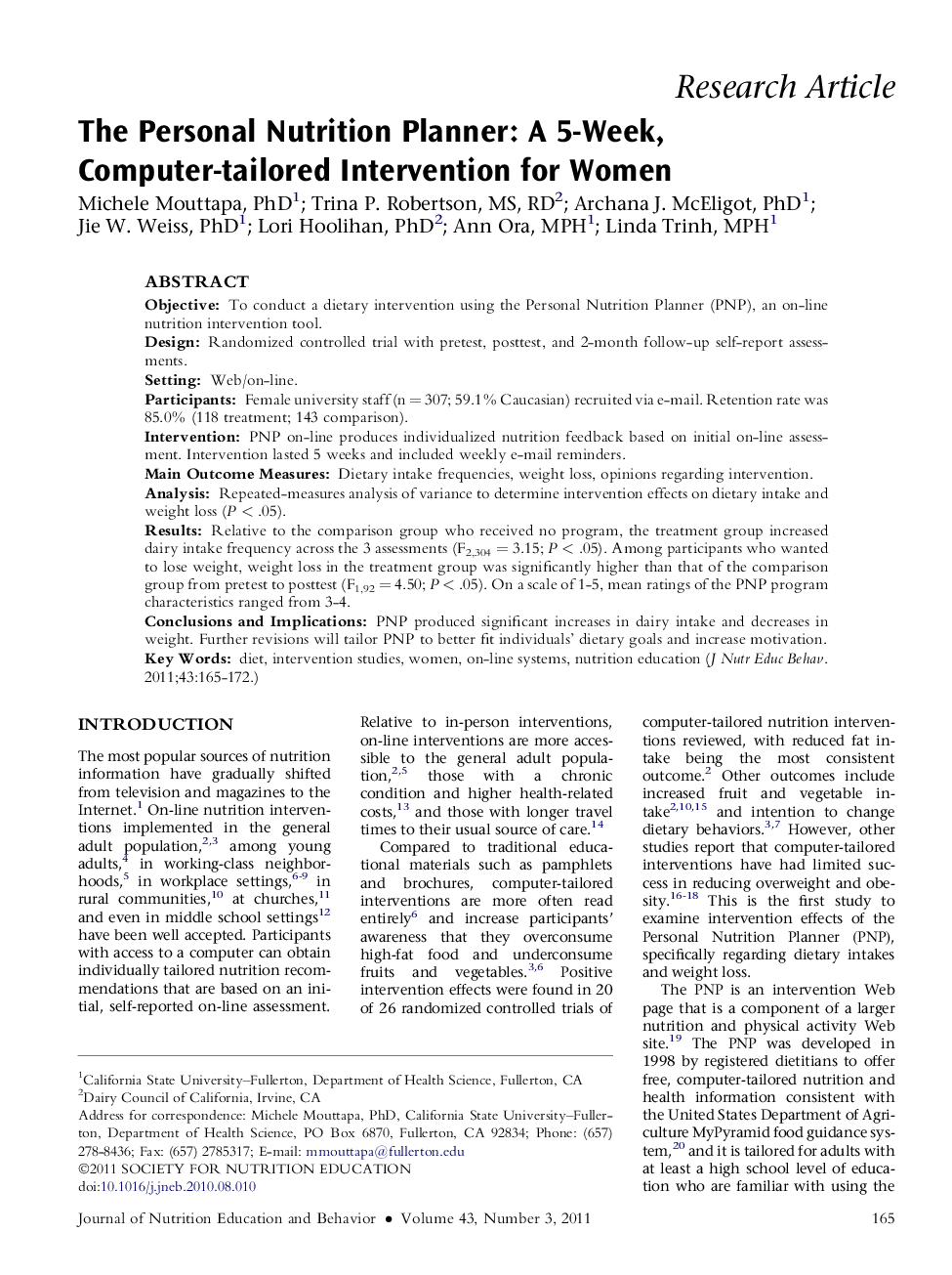 The Personal Nutrition Planner: A 5-Week, Computer-tailored Intervention for Women