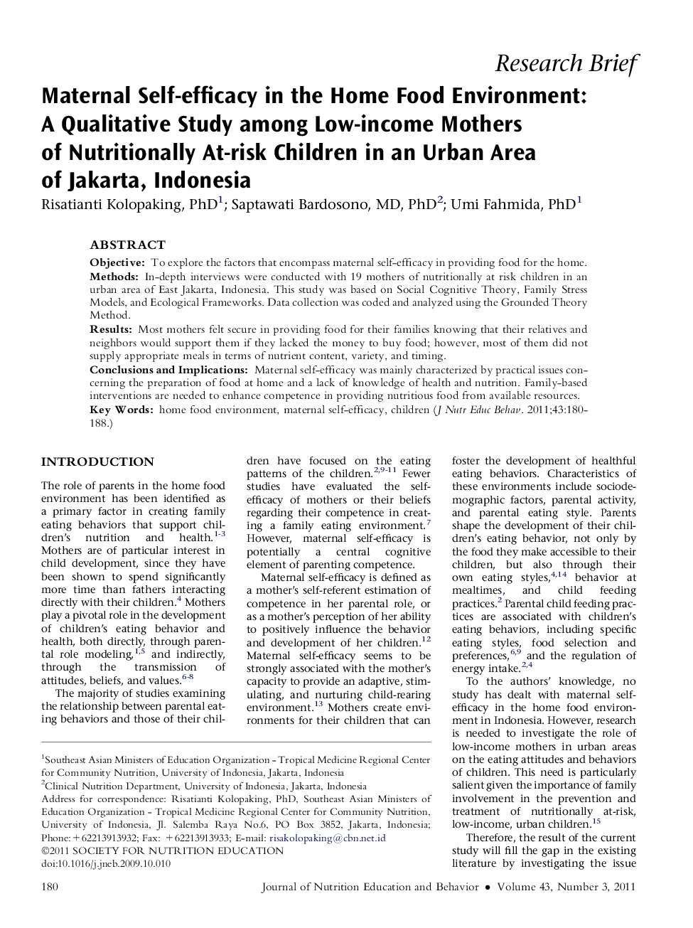 Maternal Self-efficacy in the Home Food Environment: A Qualitative Study among Low-income Mothers of Nutritionally At-risk Children in an Urban Area of Jakarta, Indonesia