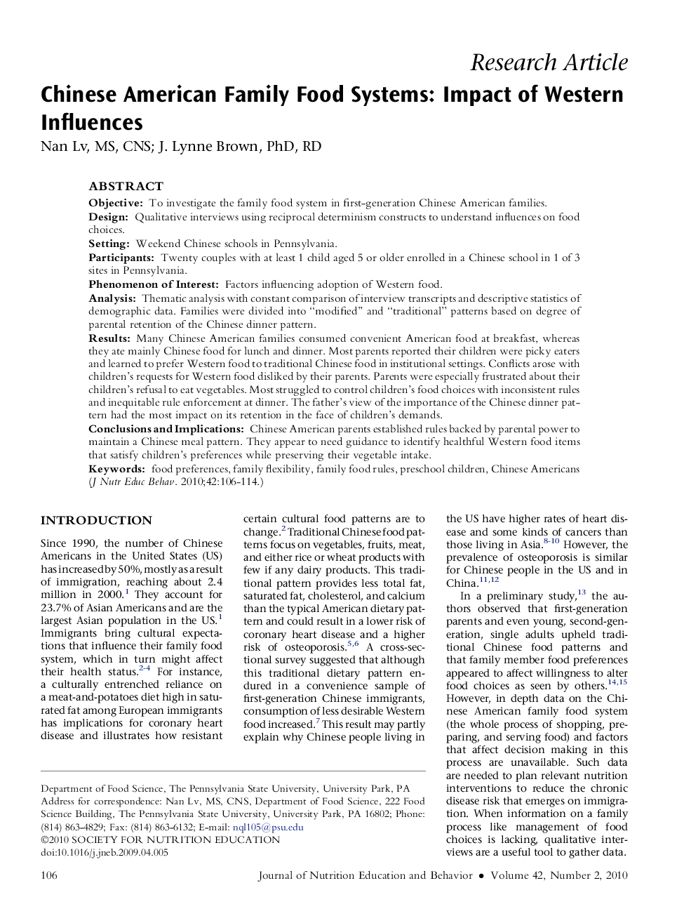 Chinese American Family Food Systems: Impact of Western Influences